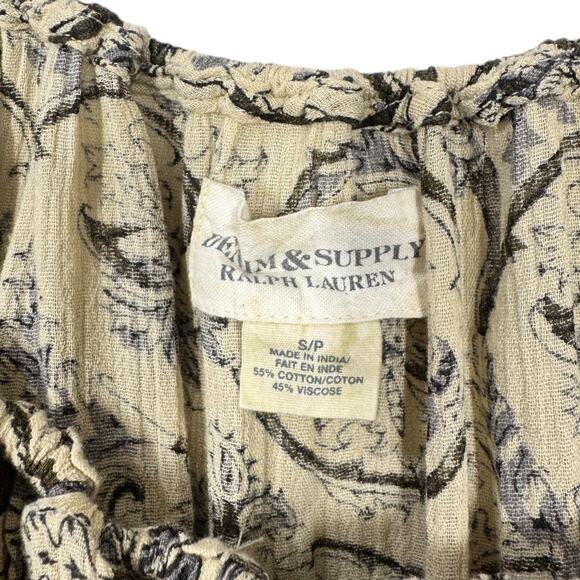 Denim & Supply Ralph Lauren Boho Paisley Peasant Top Small Cream Blue Oversized - Picture 5 of 5